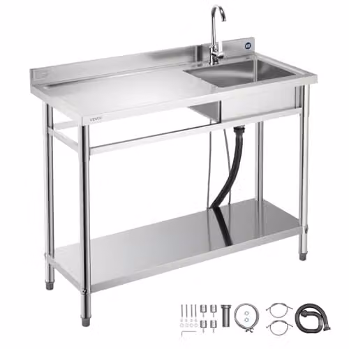 VEVOR Roestvrijstalen Keukenspoelbak met Kraan en Werkblad Links, Zilver, B/D/H: 120 x 50 x 94 cm