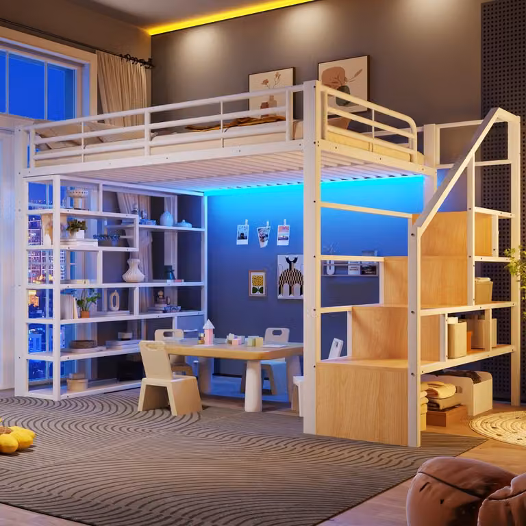 Witte metalen hoogslaper met opbergruimte, LED-verlichting, trap en ladder, B/D: 140 x 200 cm