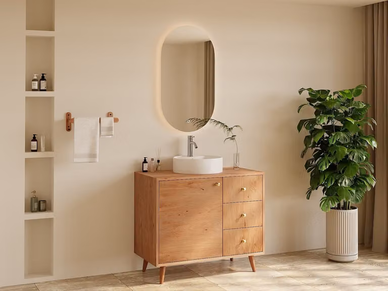 ZARENO Badkamermeubel van massief eikenhout met ronde opbouwwastafel - Licht naturel - Breedte: 93 cm