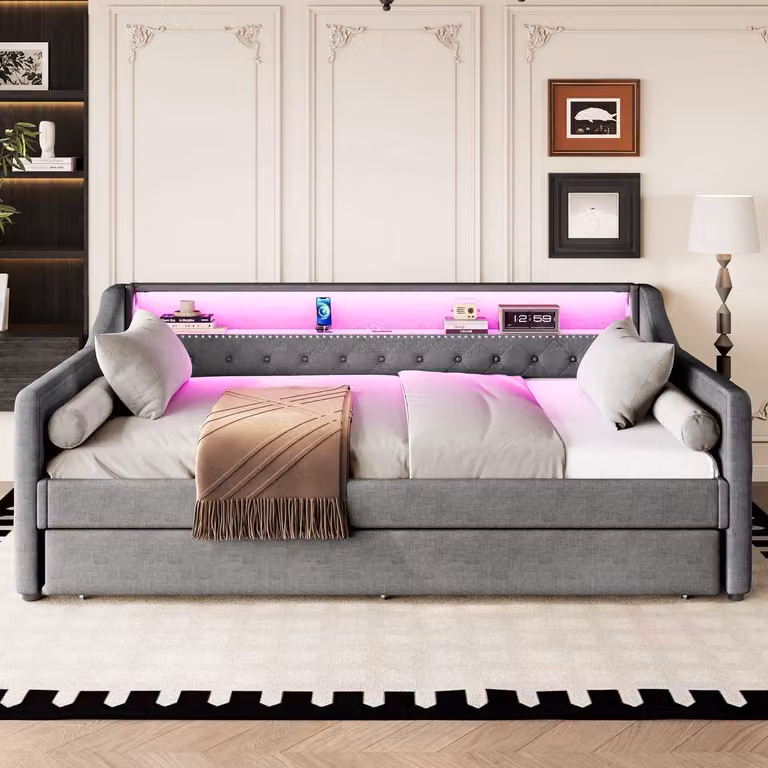 Wishdor Dagbed met Uitschuifbed en LED Verlichting - Grijs Linnen - Eenpersoonsbed 90x200 cm - met USB-poort en Capitonné Design