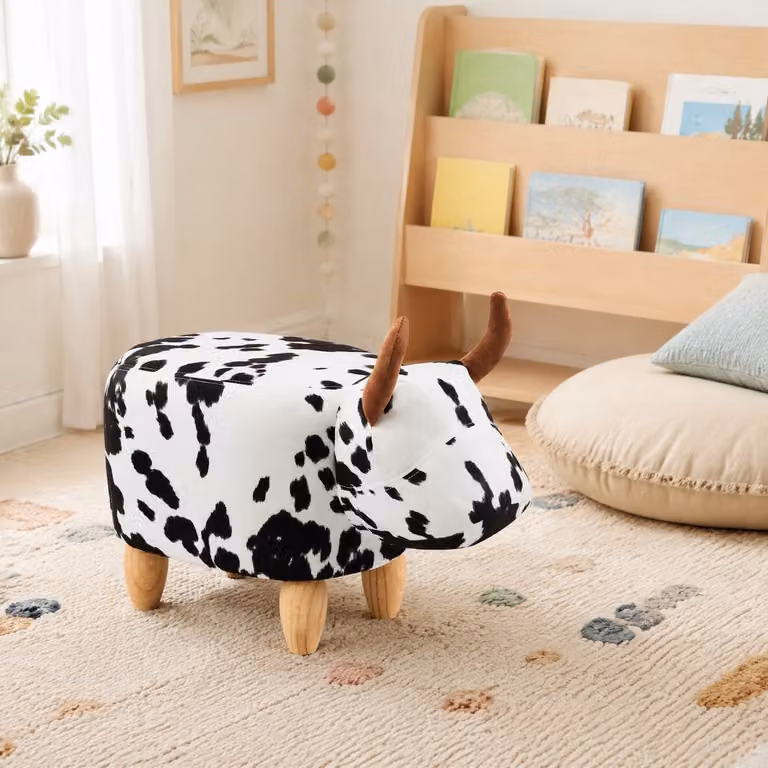 MODENUIT Voetenbankje met Koe-Design in Zwart Wit, Stof en Hout, B/D/H: 62 x 35 x 36 cm