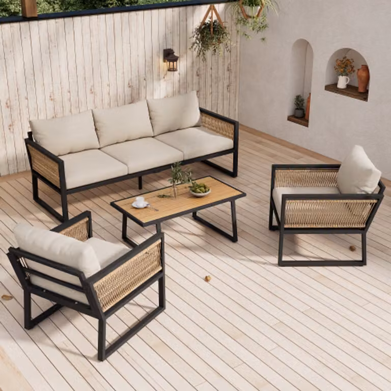 4-delige tuin lounge set met 3-zitsbank, 2 fauteuils en salontafel, beige met kunststofhout en gevlochten touw