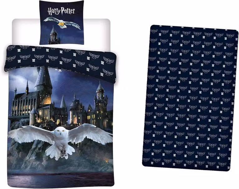 Harry Potter Hedwig 3-delige dekbedovertrek set met hoeslaken en kussensloop, blauw, 140 x 200 cm