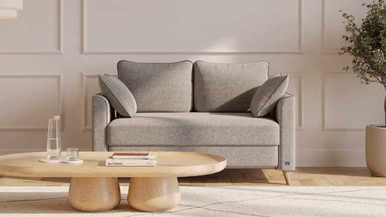 BRUNO slaapbank in grijs-beige met massief houten frame en boxspringcomfort, Breedte: 120 cm