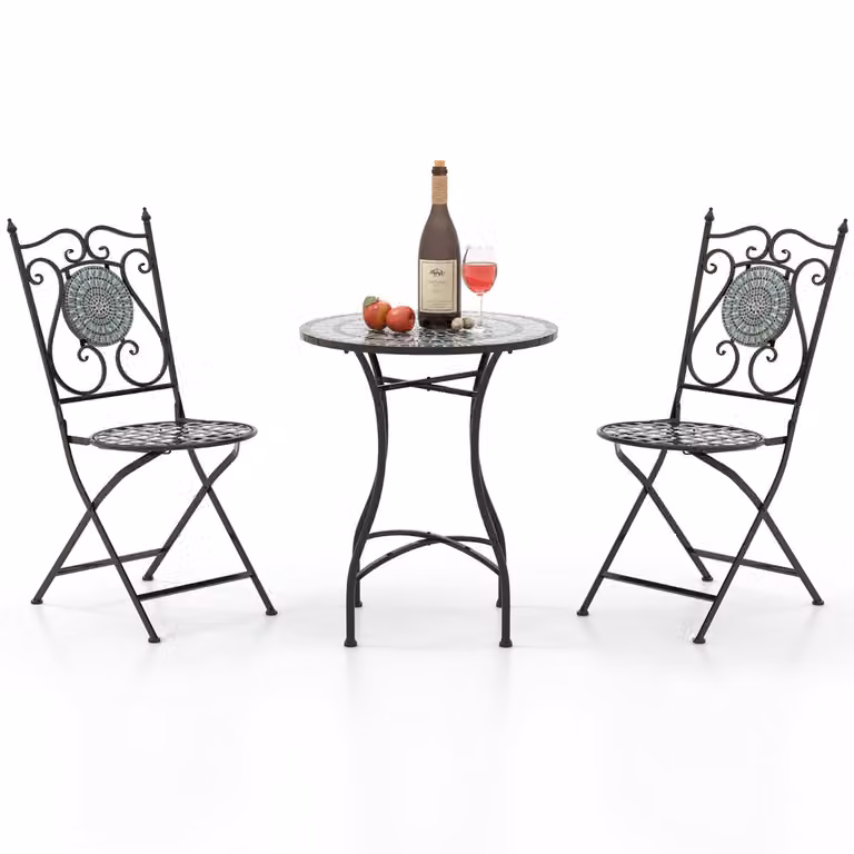 Costway Bistroset met 2 Stoelen en Tafel, 3-Delige Inklapbare Mozaïek Balkonmeubels, Zwart-Grijs