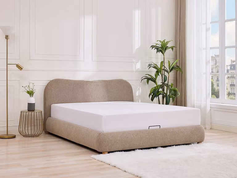 VANARI Bed met opbergruimte en lift-up basis, Beige, 160 x 200 cm