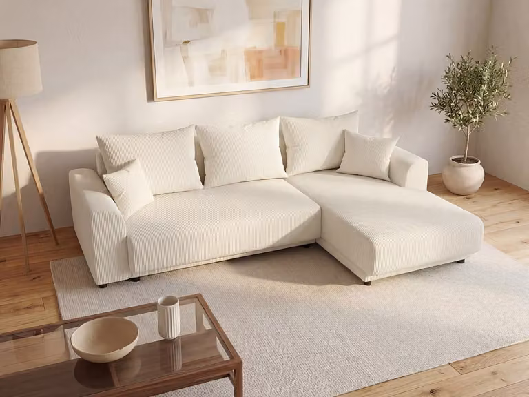 NESSARO Omkeerbare express-hoekslaapbank in beige ribfluweel met slaapfunctie en losse kussens