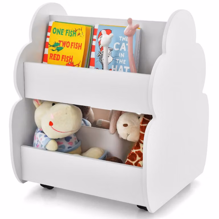 Costway Kinderboekenkast op Wieltjes met 2 Niveaus, Houten Speelgoedrek, Wit, H 63,5 x B 52 x D 47 cm