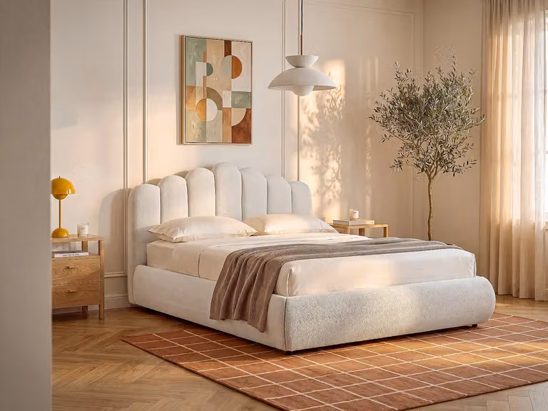 SILVATORA Bed met opbergruimte in beige structuurstof, 140 x 190 cm