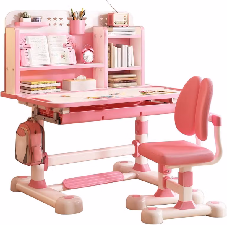 Kinderbureau en stoel set voor kinderen met zitcorrector en verstelbare hoogte, roze, Bureaublad breedte: 80 cm