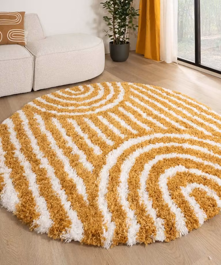 Tapeso Scandinavisch vloerkleed rond Cozy Arch okergeel 160 cm