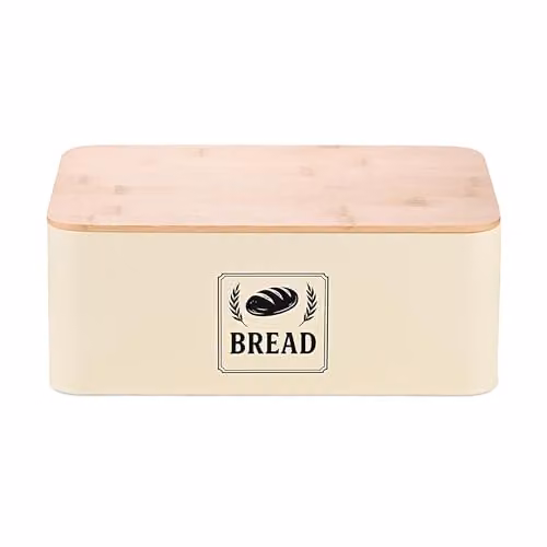 Relaxdays Brooddoos voor op het aanrecht, Metaal en Bamboe, Beige, B/D/H: 33 x 19 x 13,5 cm