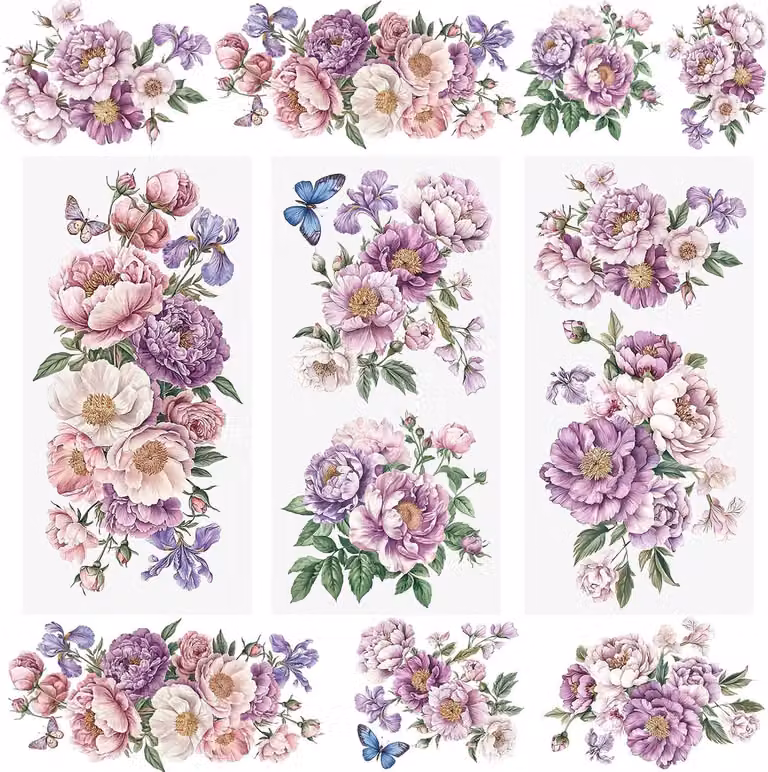 Transferstickers paarse droomachtige bloemen, decoratieve decals voor meubels en scrapbooks, 15 x 30 cm