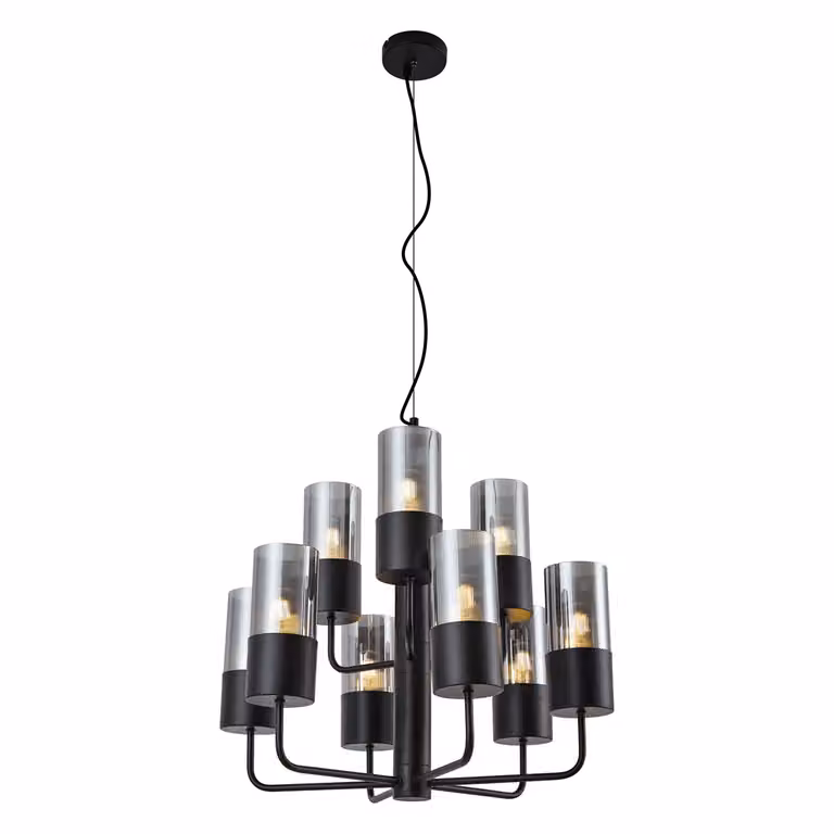 Moderne Qazqa Kroonluchter Zwart met Grijs Glas en 9 Lichtpunten