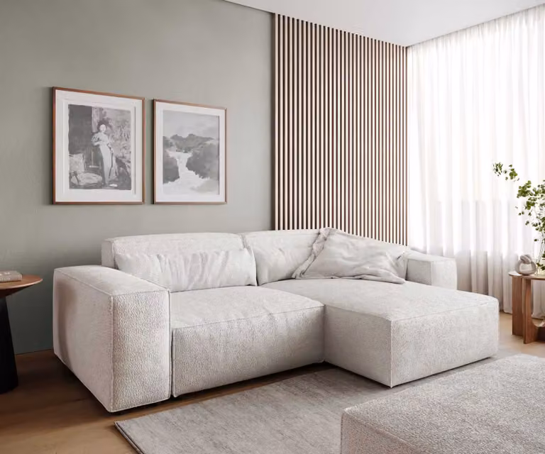 DELIFE Hoekbank Sirpio met variabel recamiere en kruk, Boucle, Cream-white, B: 233 cm, D: 156 cm, H: 71 cm