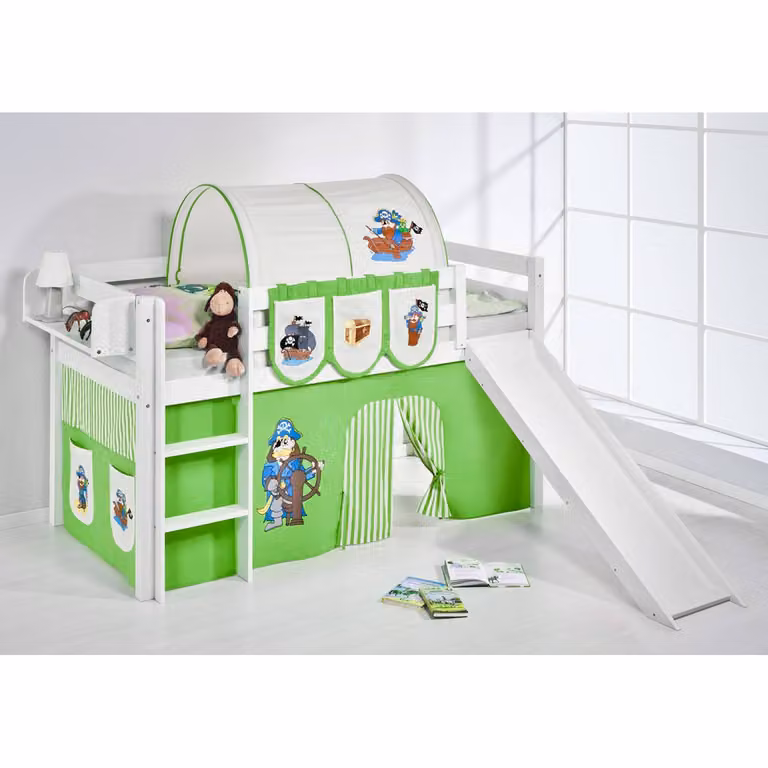 home24 Hoogslaper Piraat voor kinderen met glijbaan, wit/lichtgroen, 90 x 200 cm