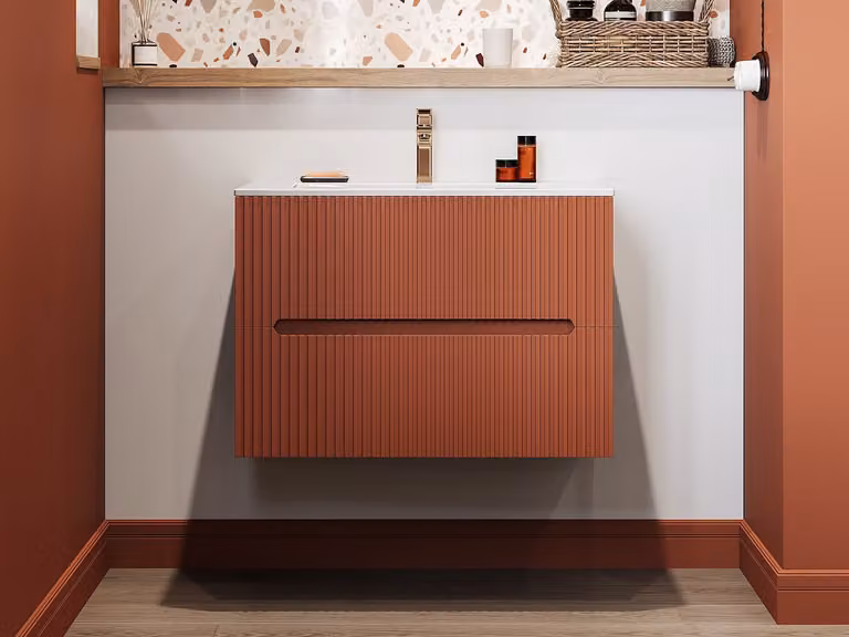 Zwevend badkamermeubel met inbouwwastafel PAVANI in terracotta met ribbels, Breedte: 80 cm, Diepte: 45,5 cm, Hoogte: 46 cm