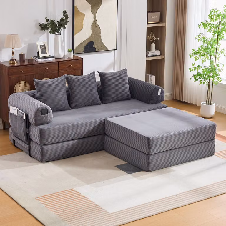 REDOM Modulaire L-vormige Bank met Hocker en Opbergvak in Donkergrijs Ribstof - B/D/H: 200 x 190 x 67 cm