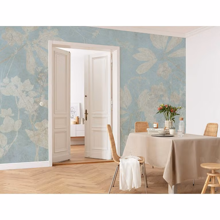 home24 Vlies-fotobehang Jardin, Modern Bloemenmotief in Turquoise en Blauw, Breedte: 350 cm, Hoogte: 250 cm