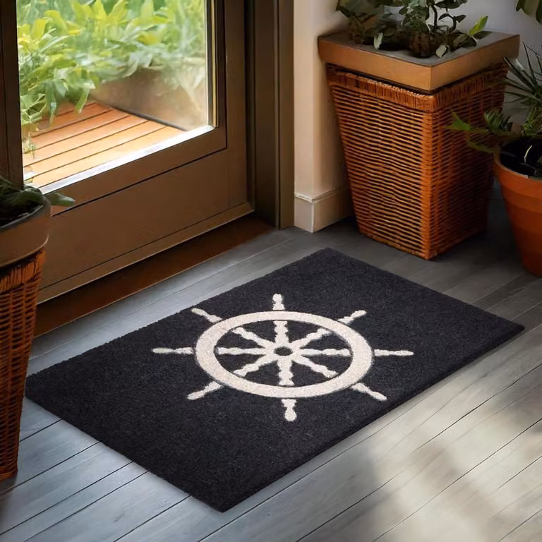 Deurmat Buiten Kokos met Maritiem Stuurwiel Design - Blauw Wit - 45 x 75 cm