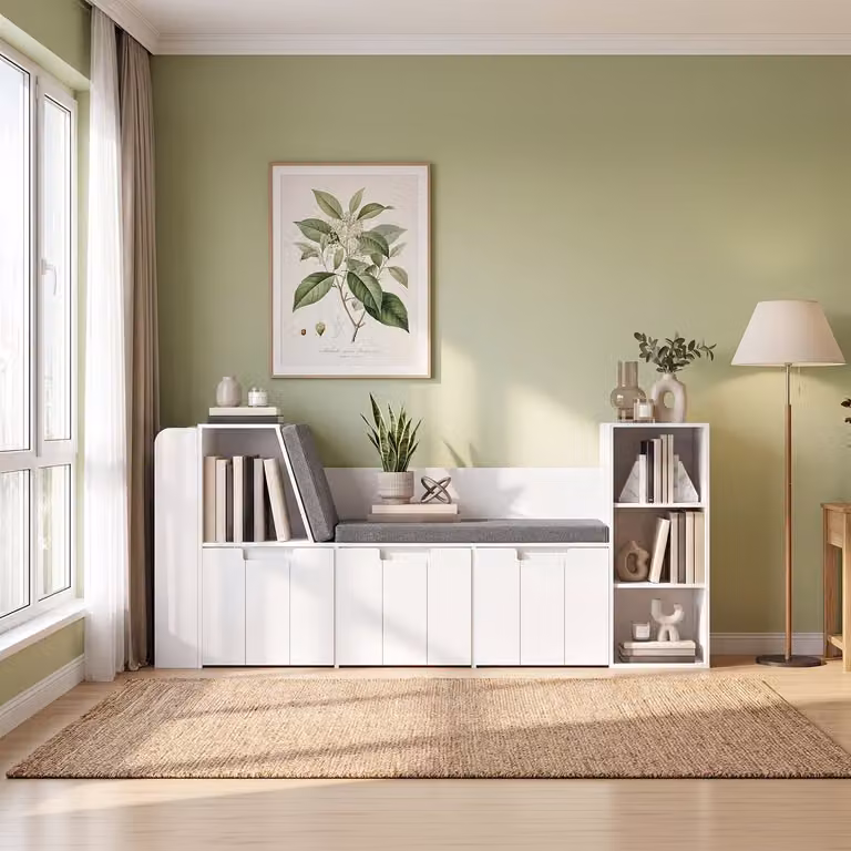 Witte Boekenkast met Leesbank, Rugleuning en 3 Verrijdbare Bakken, B: 80 cm, H: 156 cm