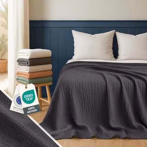 Blumtal Mousseline Deken van 100% katoen, Bedsprei en Banksprei, Antraciet, 150 x 200 cm