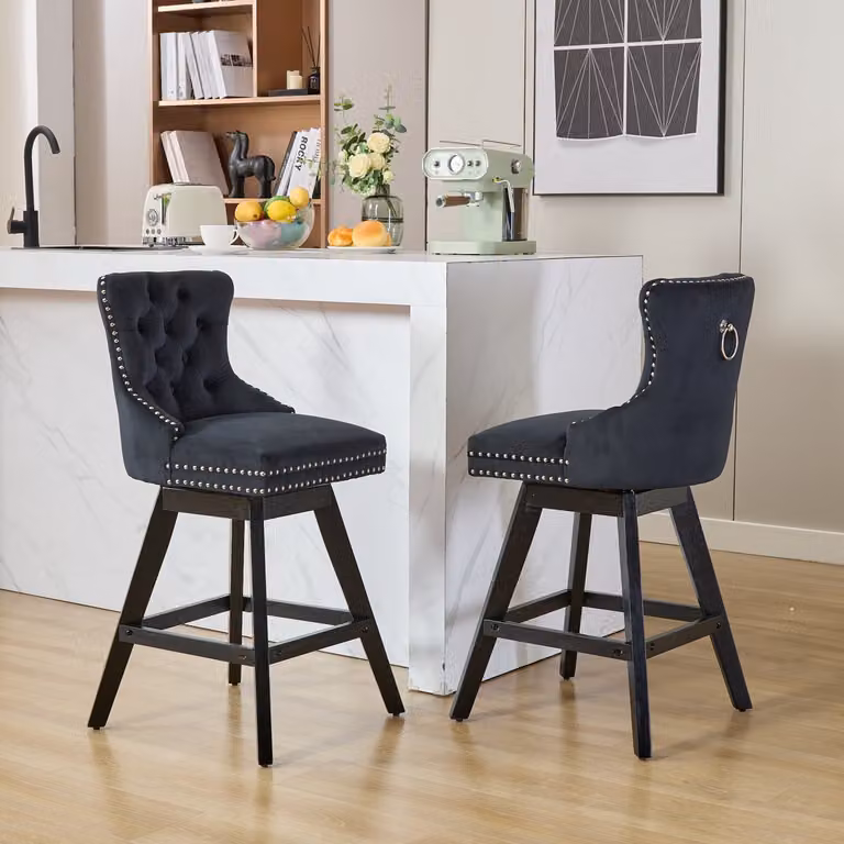 Glamour Set van 2 Draaibare Eetkamerstoelen met Gecapitonneerde Rugleuning en Chrome Nagelrand - Zwart