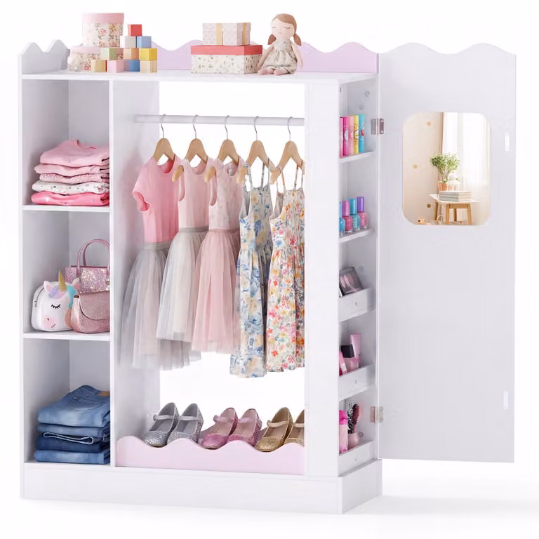 Costway Kinder Kledingkast met 2 Breukbestendige Acrylspiegels en Planken, Roze, B/D/H: 88 x 36 x 118,5 cm