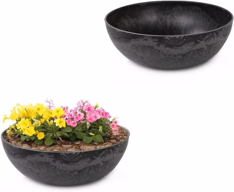 Decoratieve Buitenpot Zwart Gemarmerd - Weerbestendige Kunststof Bloemschaal - 20 cm Diameter
