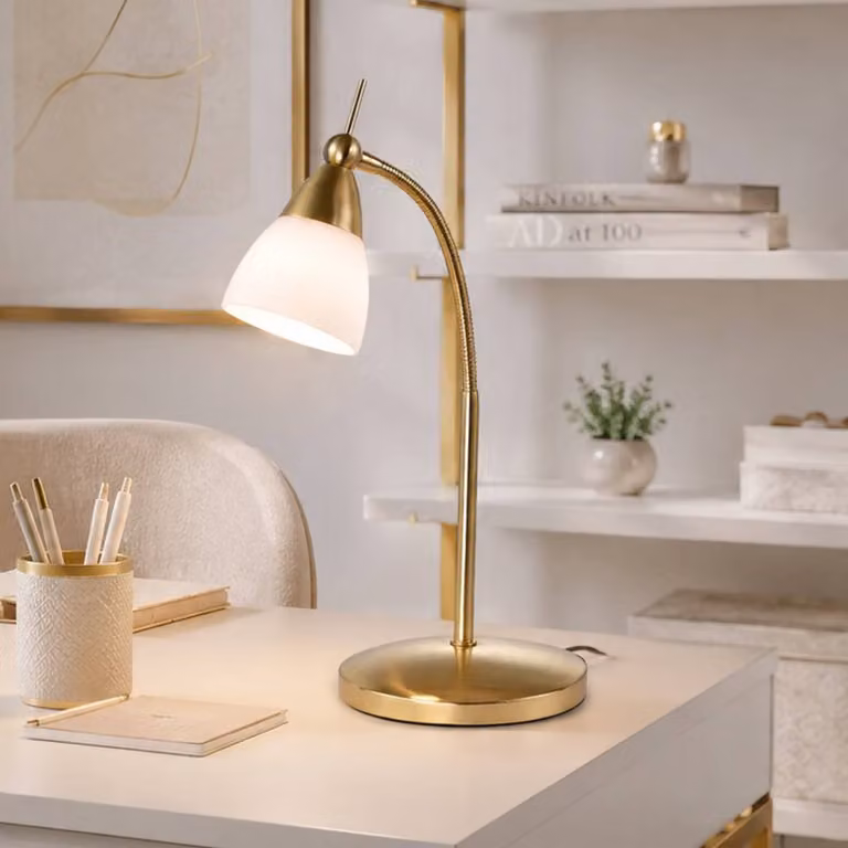 Paul Neuhaus PINO 4001-60 LED Tafellamp, Dimbaar, Messing/Goud en Wit, Modern Design met G9 Lichtbron