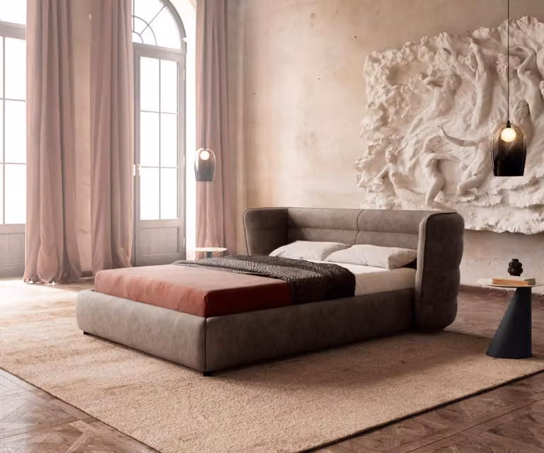 DELIFE Gestoffeerd bed Simea microvezel beige grijs B/D/H: 140 x 200 x 225 cm