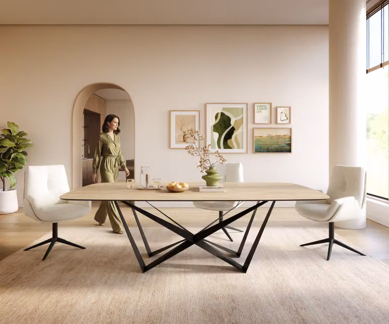 DELIFE Eettafel Edge Boot met Keramiek Laminam Sabbia Eichefarbig en Zwart Spider Flachstahl Onderstel, B/D/H: 240 x 120 x 76 cm