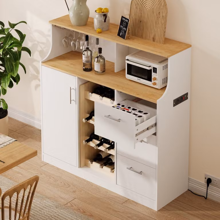 REDOM Sideboard met wijnrek, glazenhouder en LED-verlichting, Wit en naturel, B/D/H: 120 x 40 x 121 cm