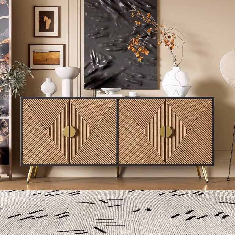 Wishdor Dressoir - Vierdeurs opbergkast met soft-close scharnieren - Modern woon- en eetkamermeubel - Houtlook zwart goud - Breedte: 160 cm