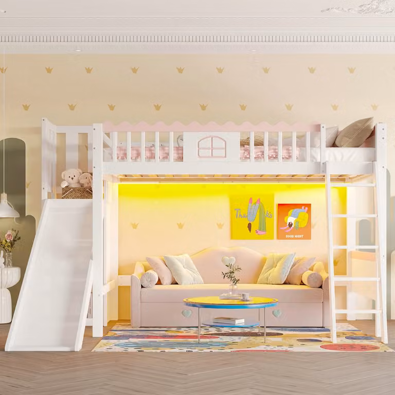 Kinder hoogslaper met glijbaan en LED-verlichting, wit grenenhout, 90 x 200 cm