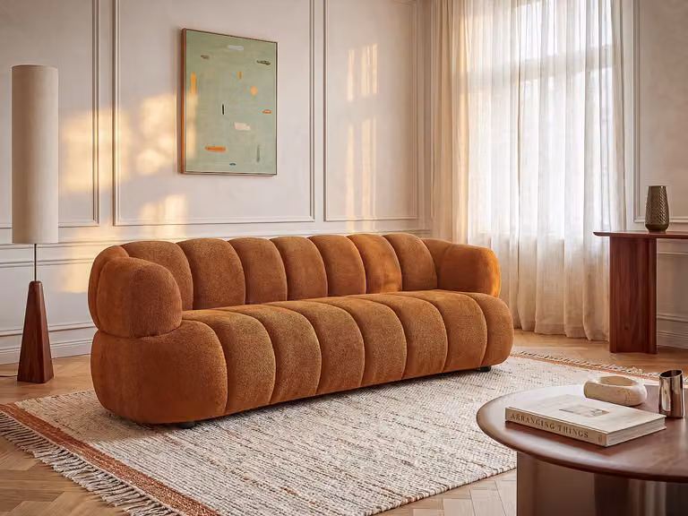 Colani Driezitsbank in terracotta boucléstof met afneembare hoezen en losse rugkussens