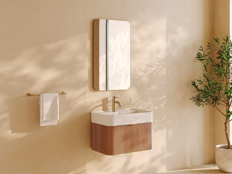 BULMAS Wandgemonteerd badkamermeubel met gegroefde essenhouten afwerking en matwitte harswastafel - Licht naturel - Breedte: 60 cm
