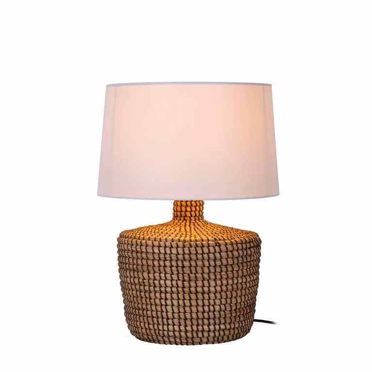 Lucide Ambala tafellamp met zeegras en witte kap, bruin/beige, Ø 35 cm