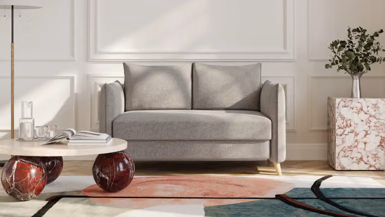 BRUNO slaapbank 120 cm in Aurora Taupe grijsbeige met massief houten poten en boxspringcomfort