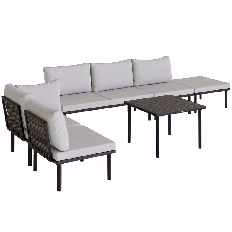 Outsunny Lounge Tuinmeubelset voor 5-6 Personen met 2-zits Bank, 2 Stoelen, Hoekstoel, Lamellen-tafel en Voetenbank