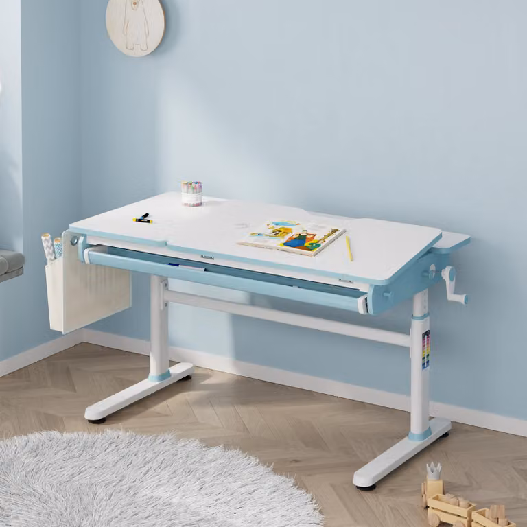 en.casa Verstelbaar kinderbureautje Kuosa met lade en opbergvak, blauw/wit, B: 120 cm, D: 60 cm
