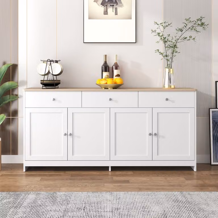 REDOM Dressoir in landelijke stijl met 4 deuren en 3 laden, Wit en Houtkleur, B/D/H: 160 x 37 x 75 cm