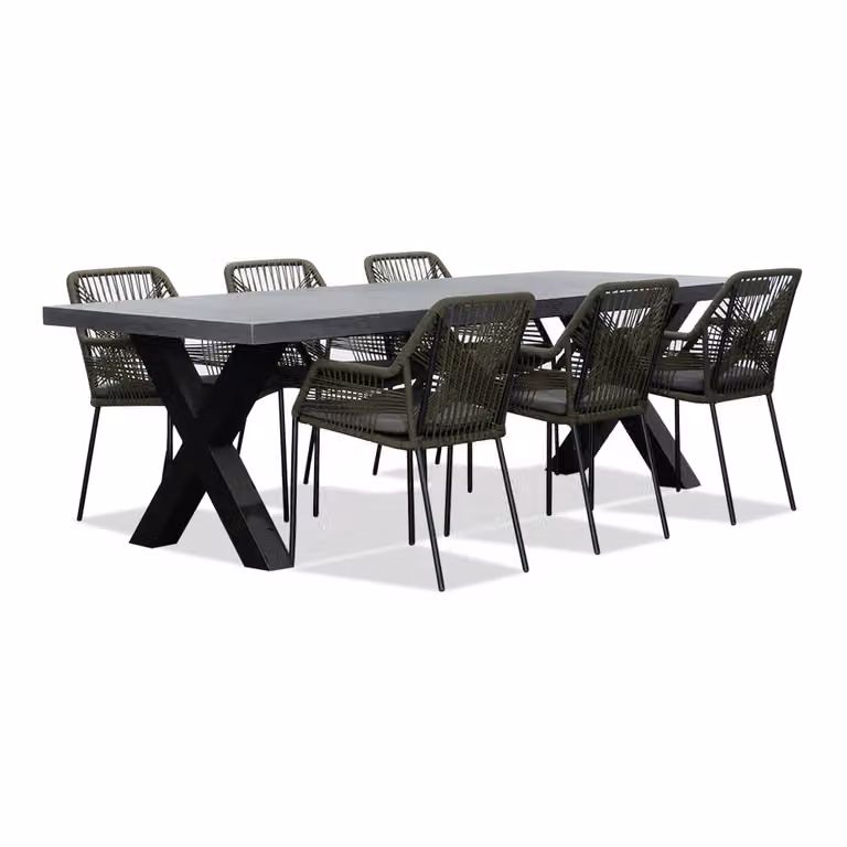 Lyon/Seville olijfgroene dining tuinset voor 6 personen met betonlook en touw, 250 cm