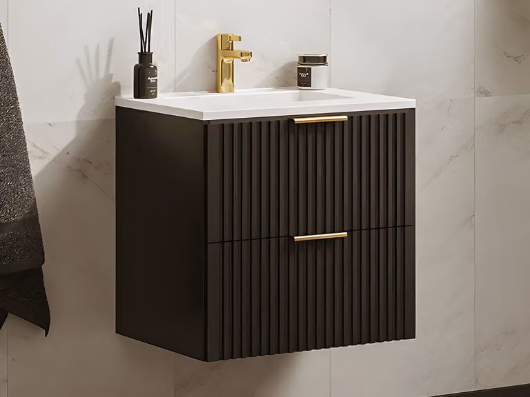 ZEVARA Geribbeld hangmeubel voor badkamer met inbouwwastafel - Zwart - Breedte: 60 cm