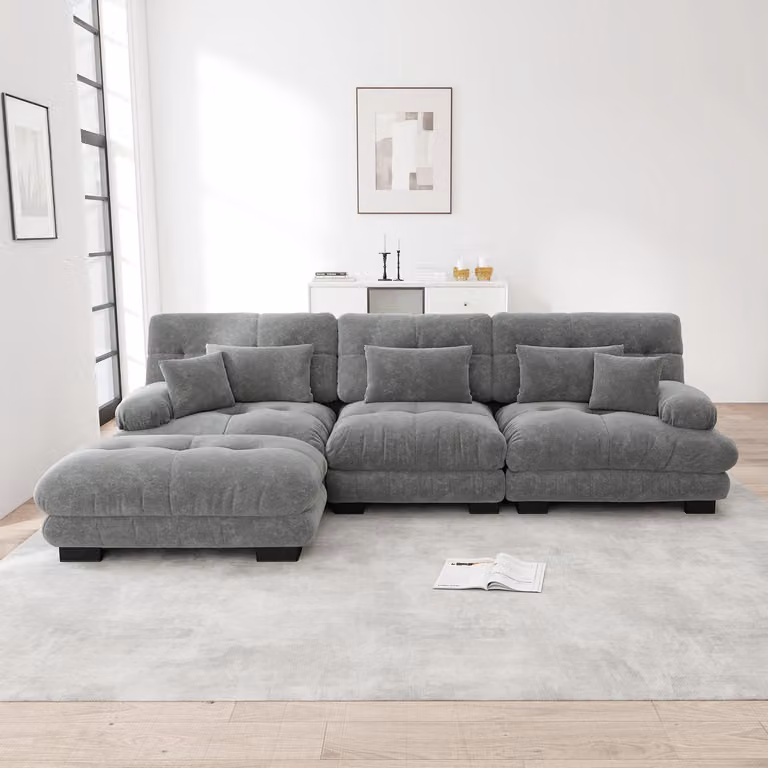 Modulaire chenille L-vorm slaapsofa met losse ottoman en kussens, lichtbruin, B: 250 cm, D: 180 cm, H: 85 cm