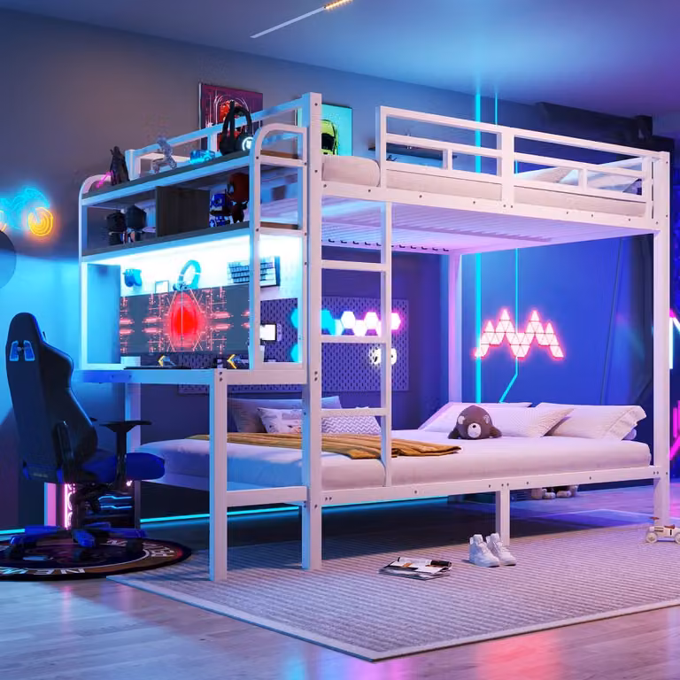 OKWISH Stapelbed voor kinderen met bureau, opbergvakken, ledverlichting en USB-aansluiting, Wit, B/D: 140 x 200 cm