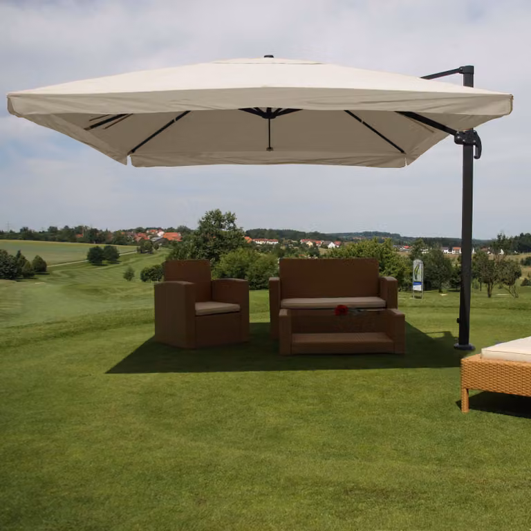Mendler Gastronomie-scherm met pergola model HWC-A96, draaibaar zonnescherm, crème-grijs, 3x3 meter (diameter 4,24 meter)