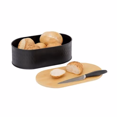 Relaxdays Broodtrommel voor op het aanrecht met snijplank, Metaal en Bamboe, Zwart-Bruin, H x B x D: 12 x 33,5 x 18 cm