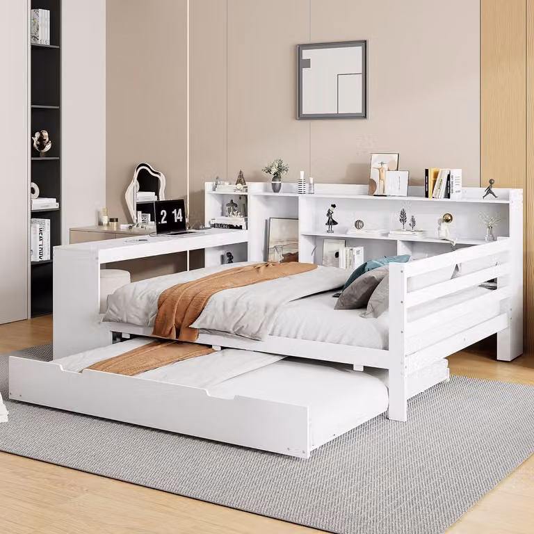 Wishdor Multifunctioneel Bedbank met Bureau en Boekenplanken, Wit Hout, 140 x 200 cm, inclusief USB-poort en Opbergruimte