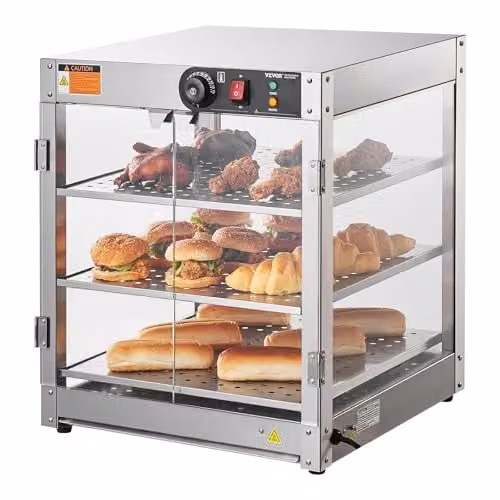 VEVOR Commerciële Elektrische Voedselwarmer met 3 Lagen, 800W, 90 Liter, Zilver, Temperatuurregeling 30°C tot 85°C
